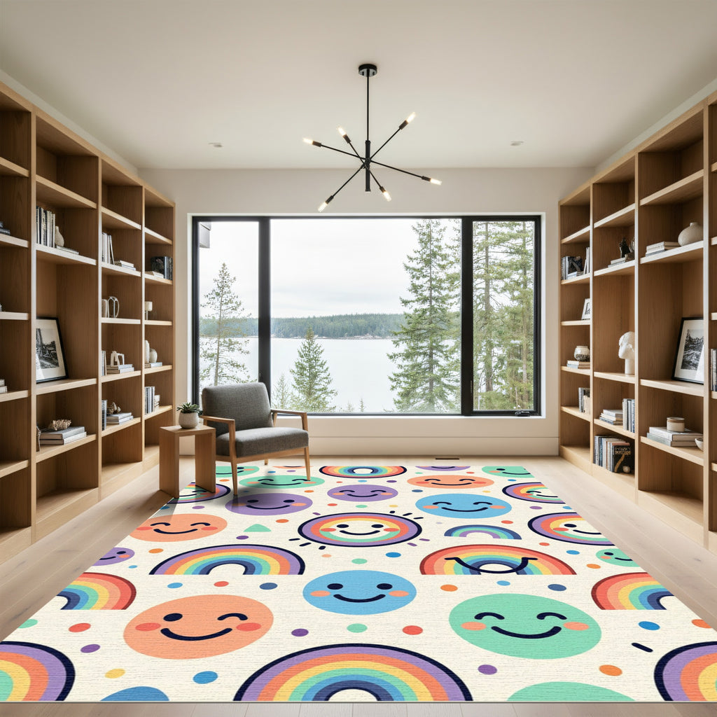 Cheerful Pastel Rainbow Smiling Faces Rug