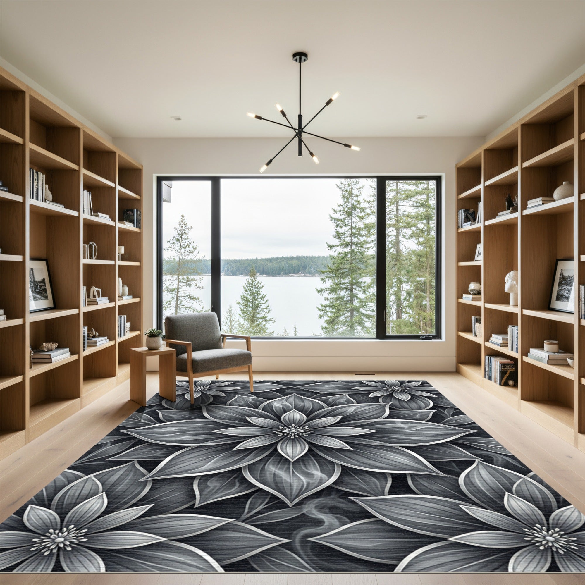 Elegant Monochrome Botanical Floral Art Rug