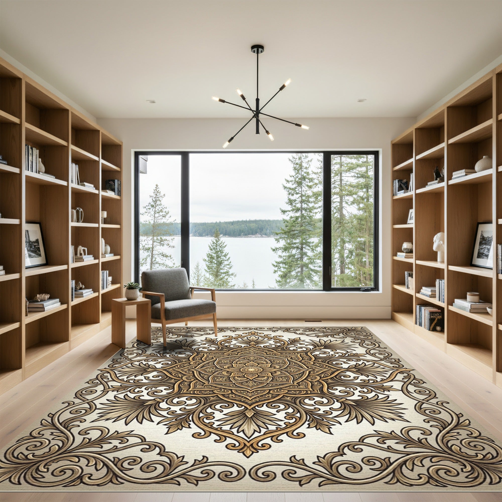 Ornate Gold Filigree Mandala Rug