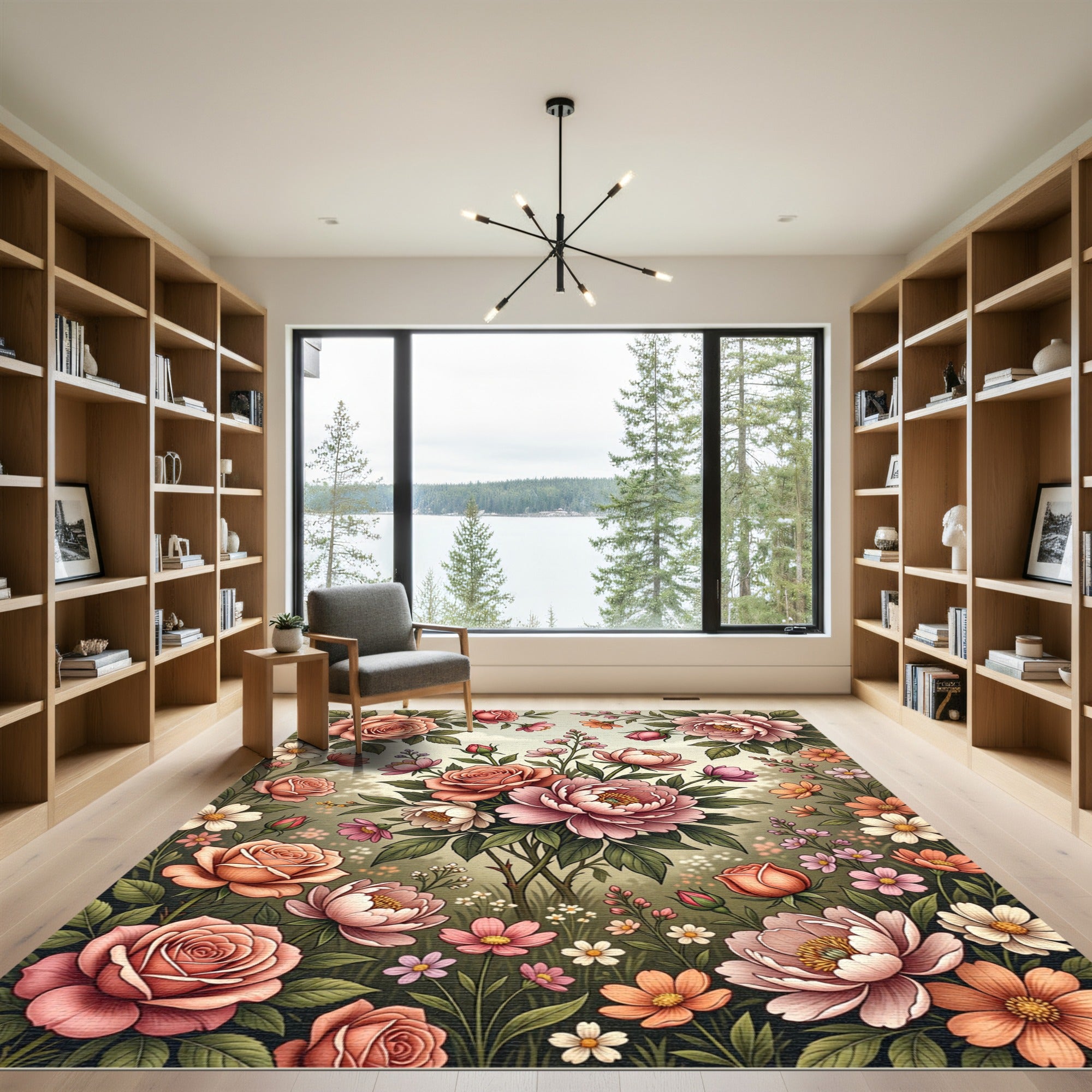 Romantic Blush Rose Peony Meadow Floral Rug