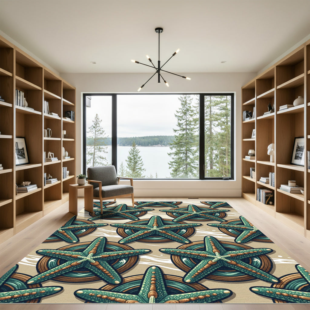 Teal Starfish Sea Coastal Art Rug