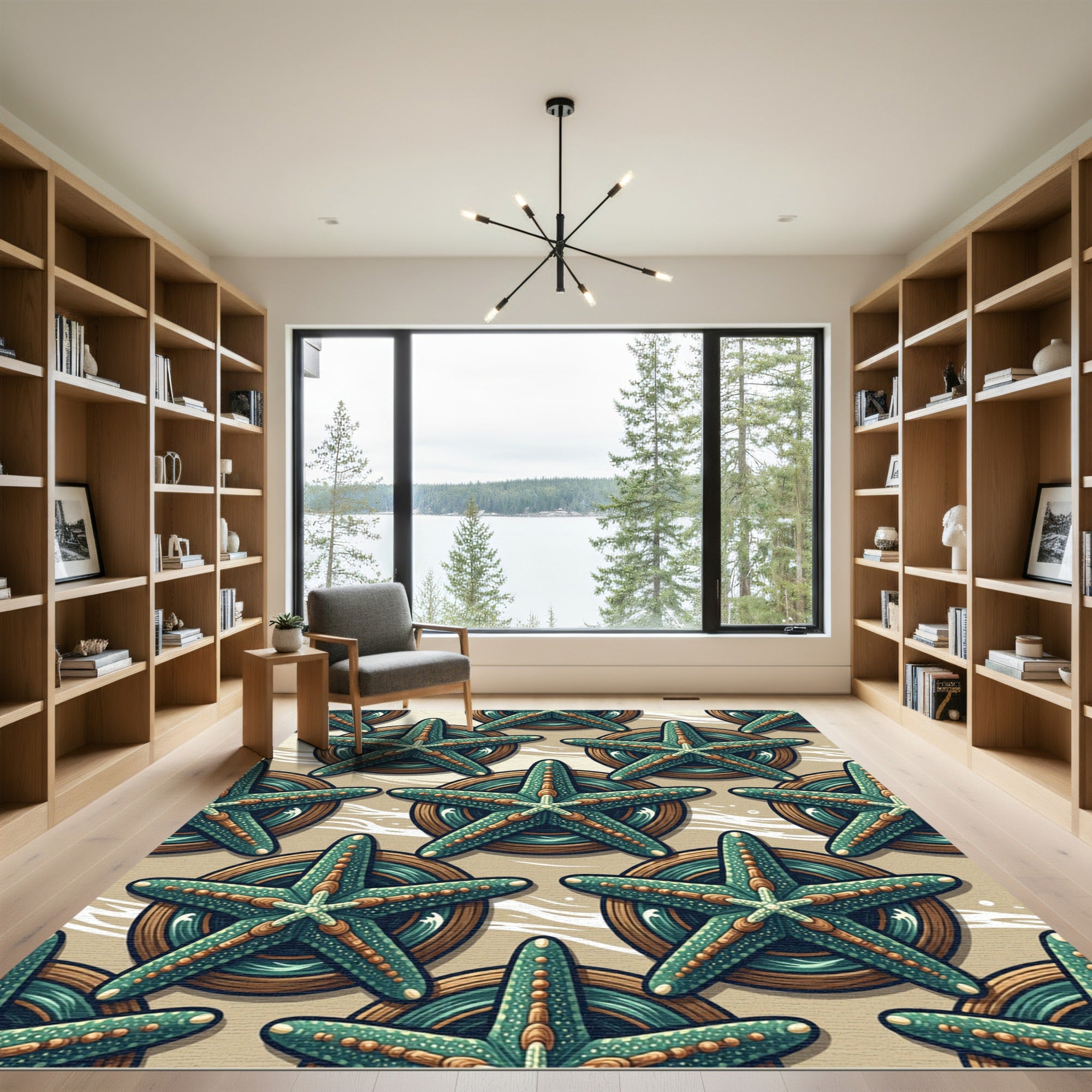 Teal Starfish Sea Coastal Art Rug