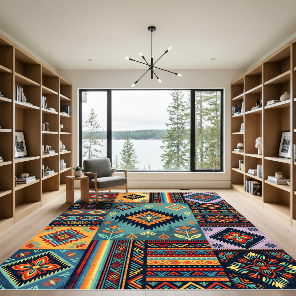 Vibrant Multicolored Geometric Aztec Tile Rug