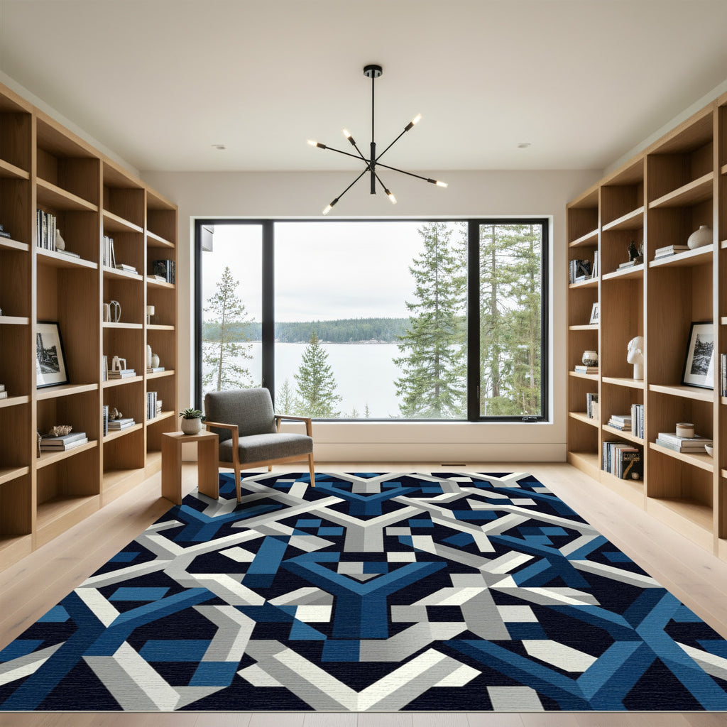 Modern Navy and Silver Geometric Interlace Rug
