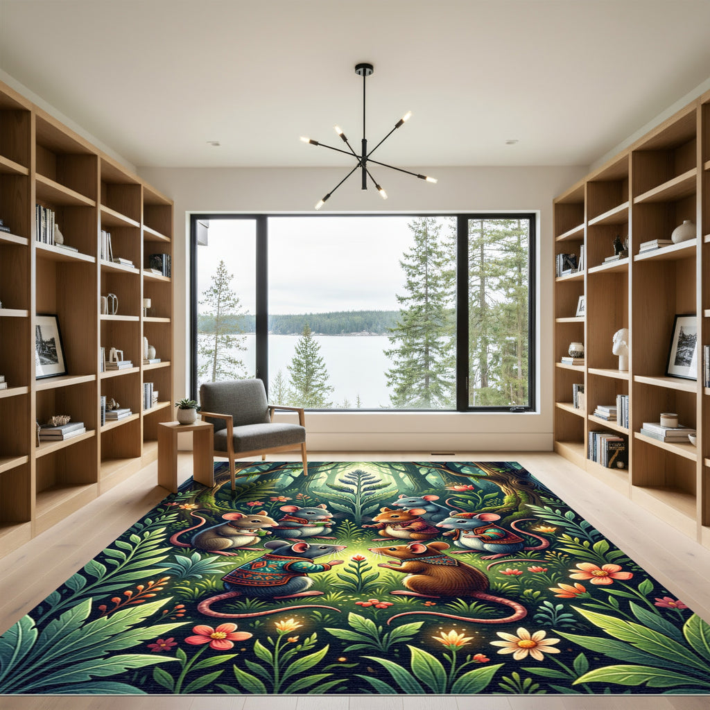 Whimsical Forest Mice Woodland Enchanted Meadow Rug