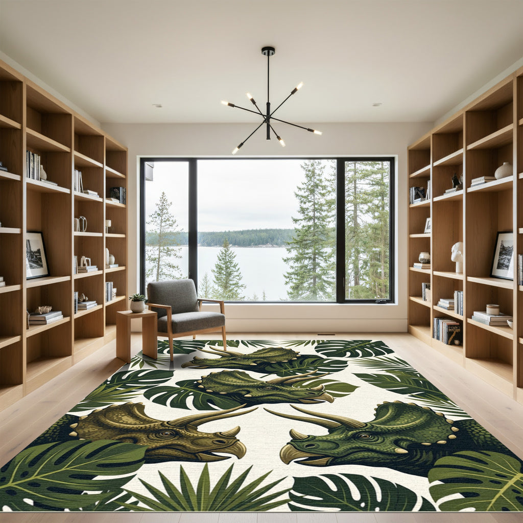 Tropical Botanical Triceratops Forest Art Rug
