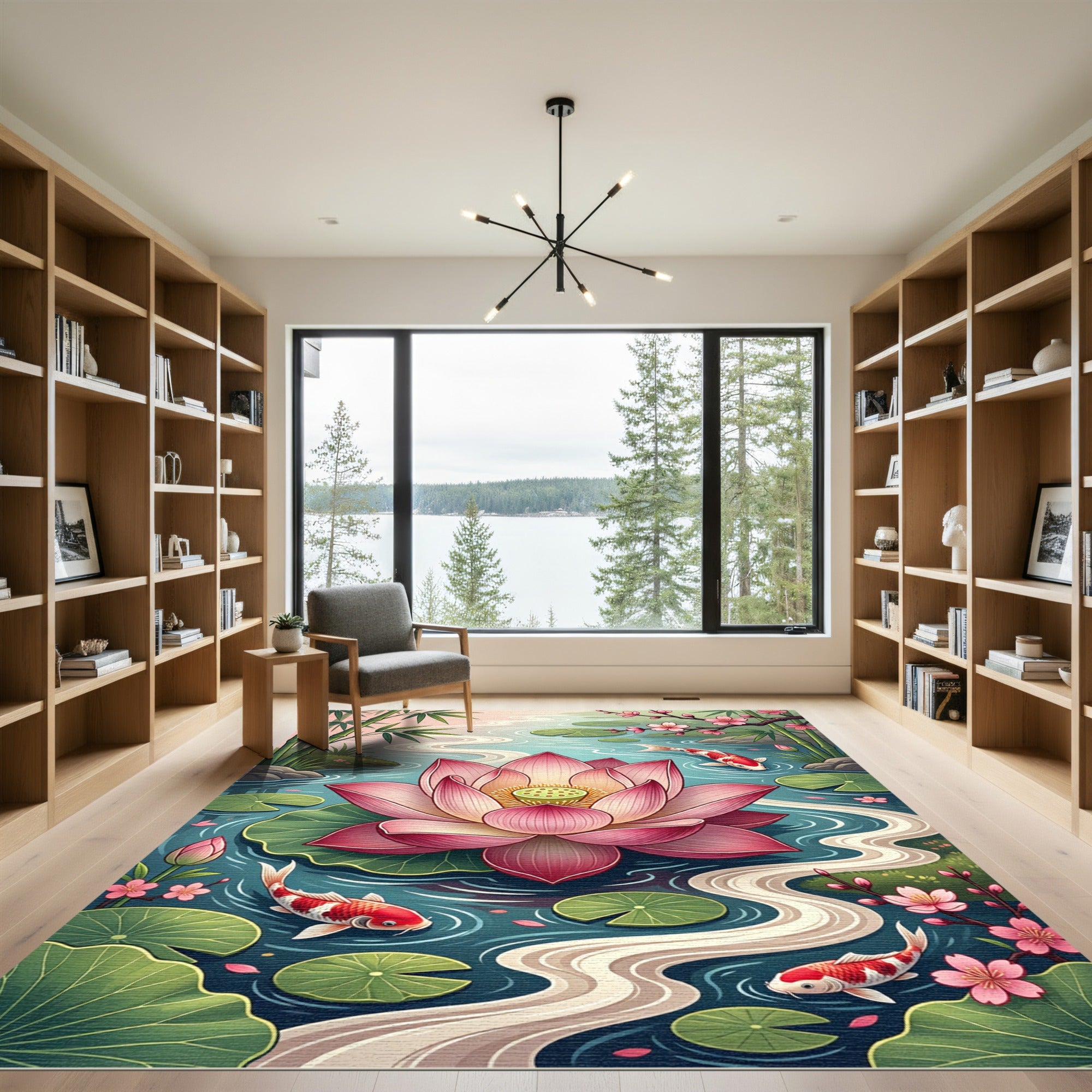 Pink Lotus Koi Pond Serene Scene Rug