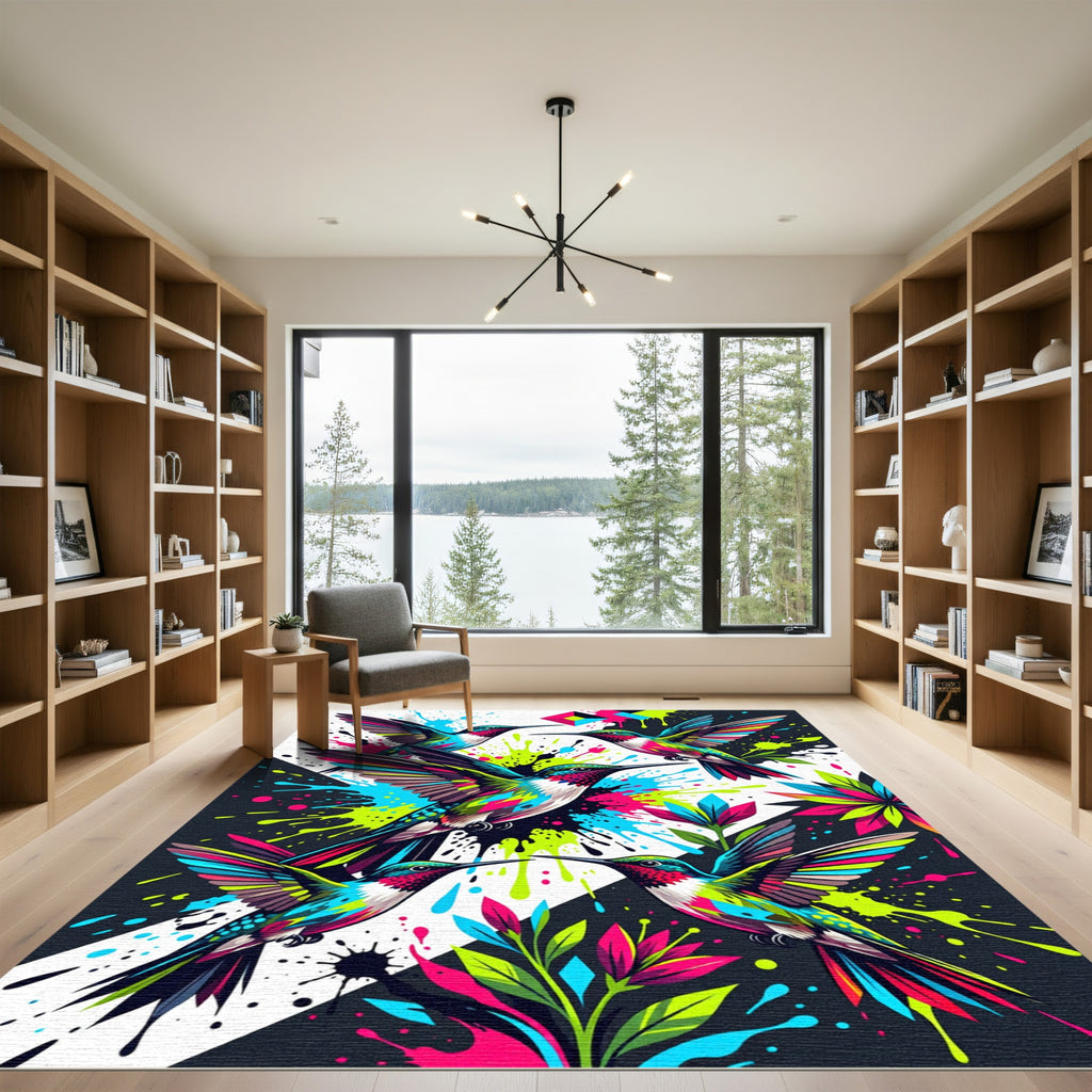 Vibrant Neon Hummingbird Abstract Splatter Rug