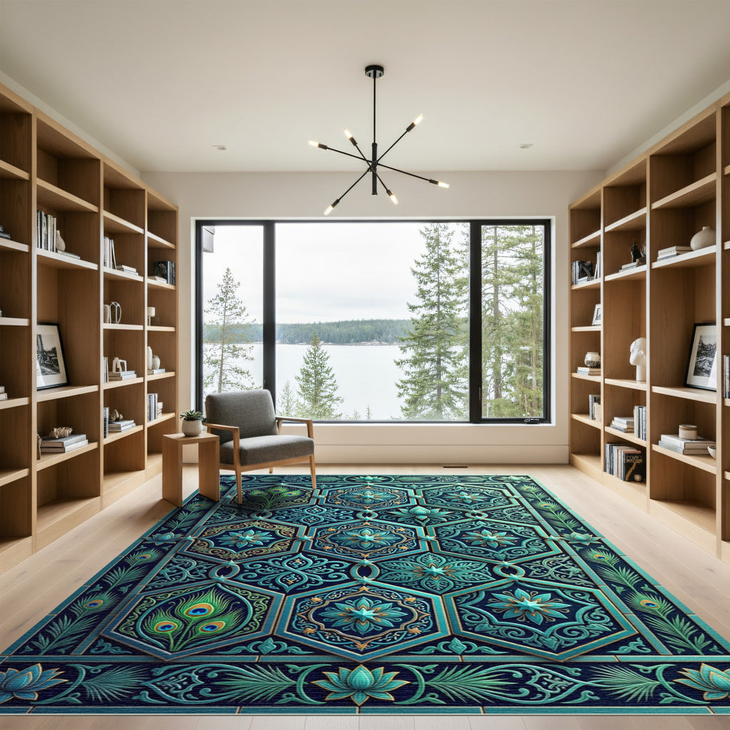 Teal Peacock Feather Hexagonal Medallion Rug