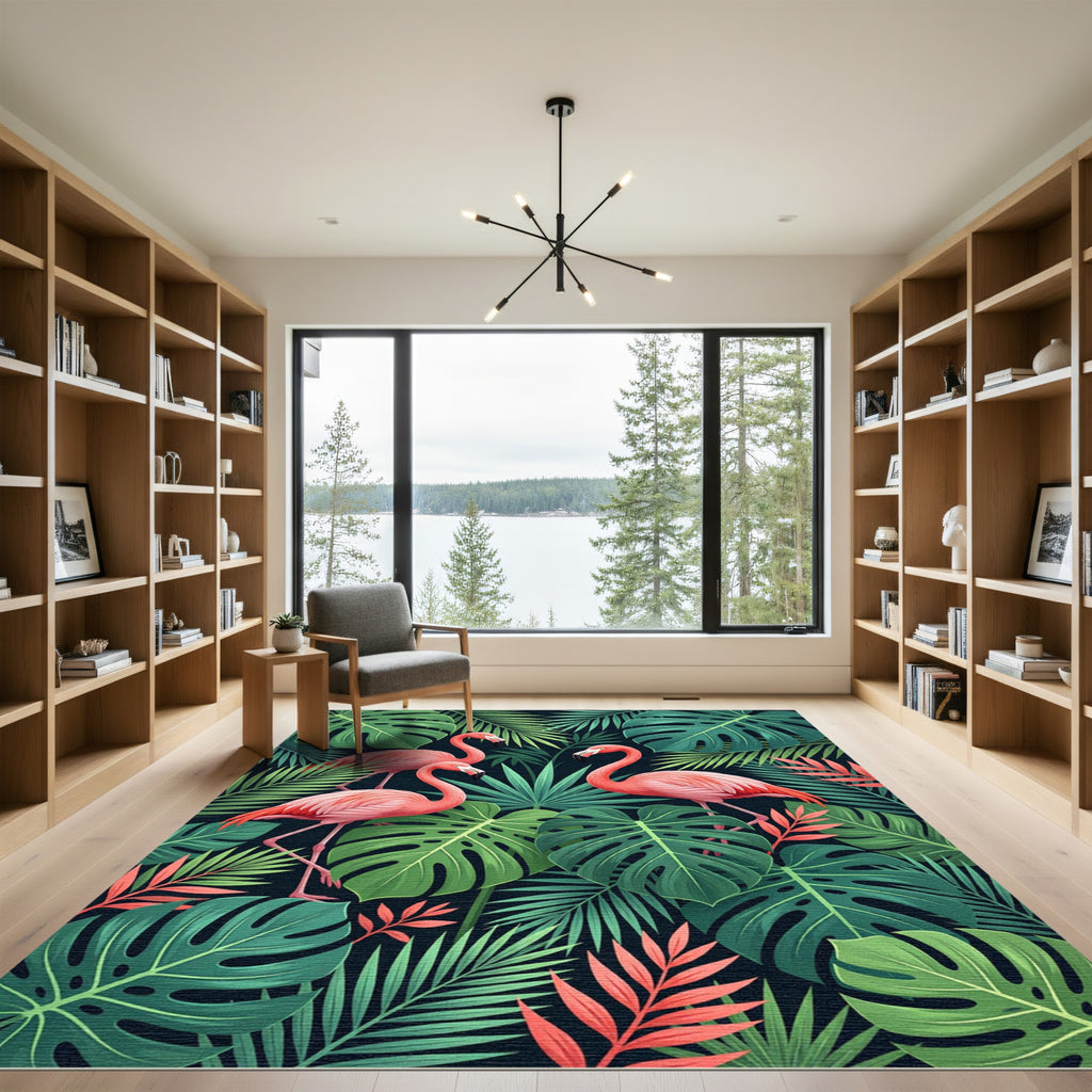 Lush Pink Flamingo Tropical Foliage Rug