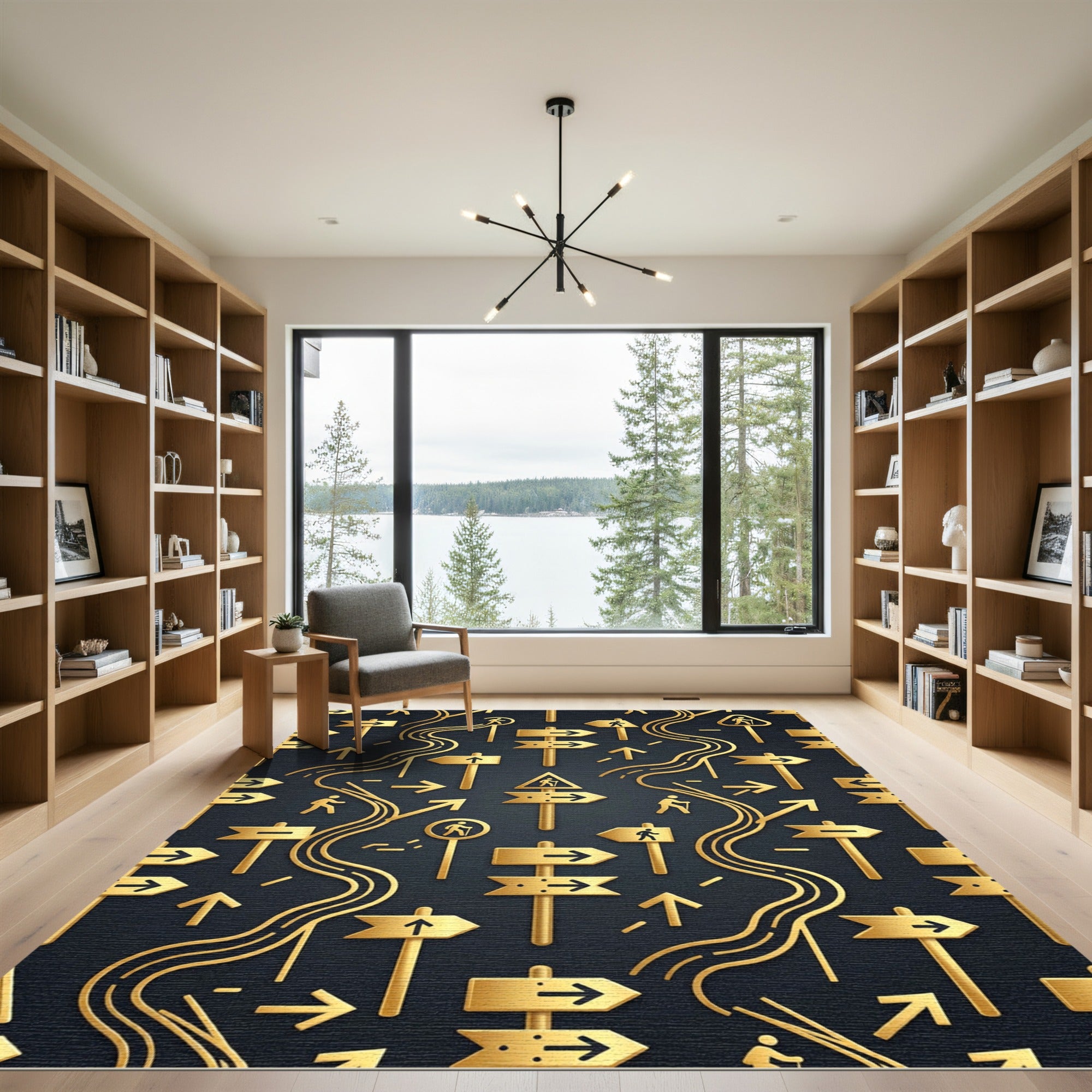 Golden Navigator Symbols on Charcoal Background Rug