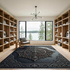 Ornate Silver Filigree Medallion Charcoal Grey Rug