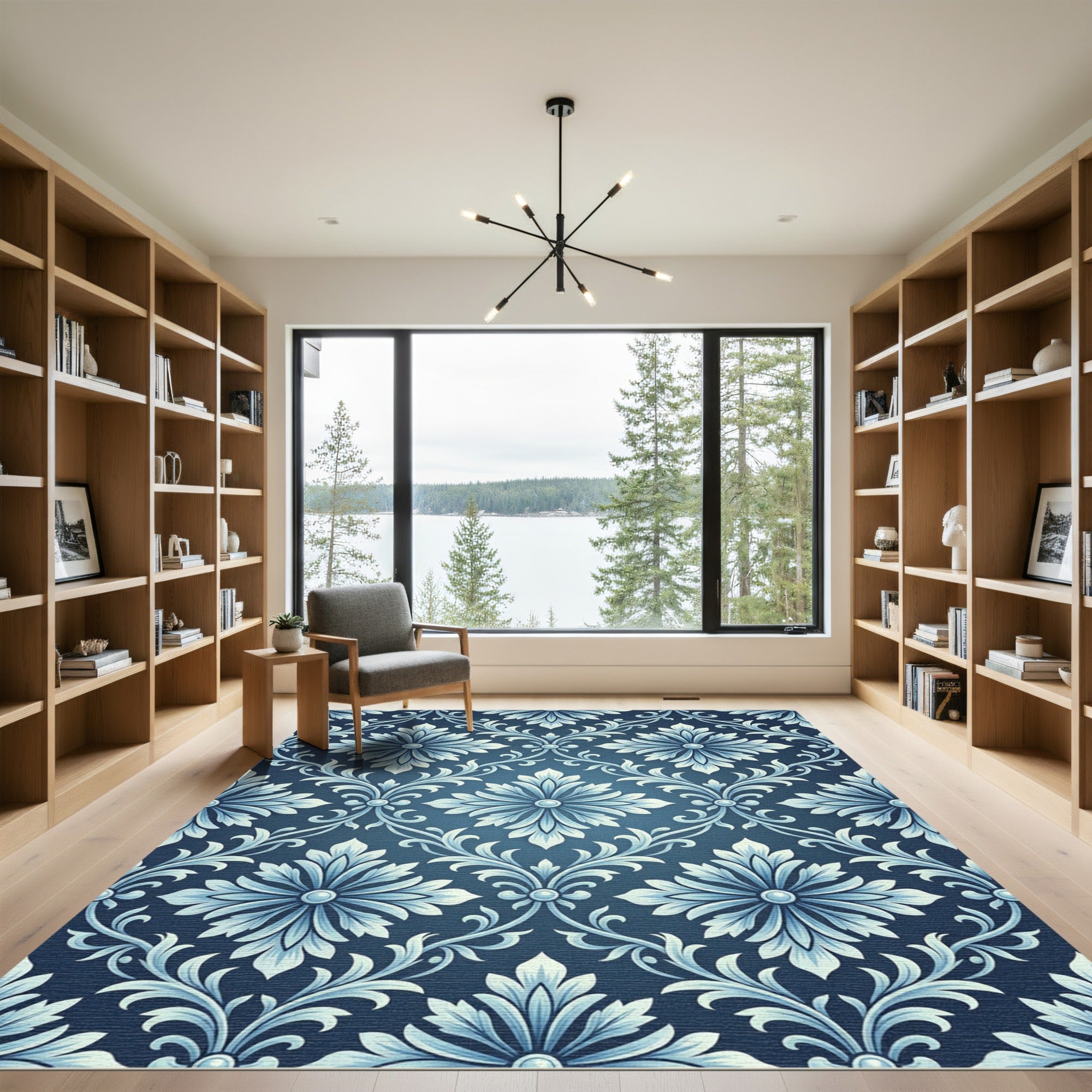 Classic Blue Floral Damask Scroll Rug