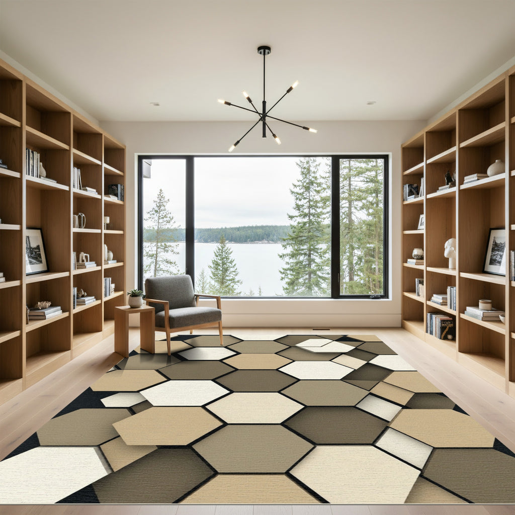 Modern Neutral Earth Tone Hexagon Rug