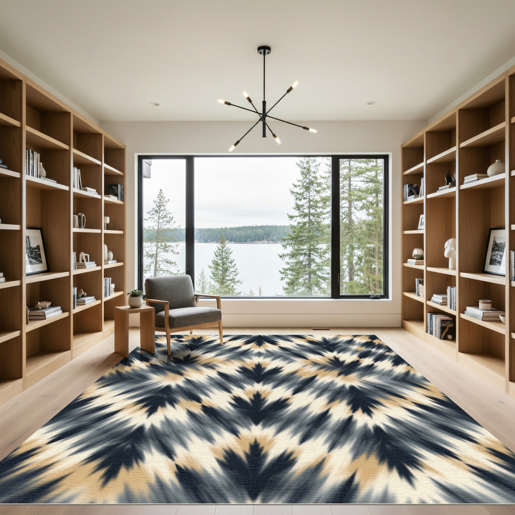 Abstract Charcoal and Gold Ikat Chevron Rug