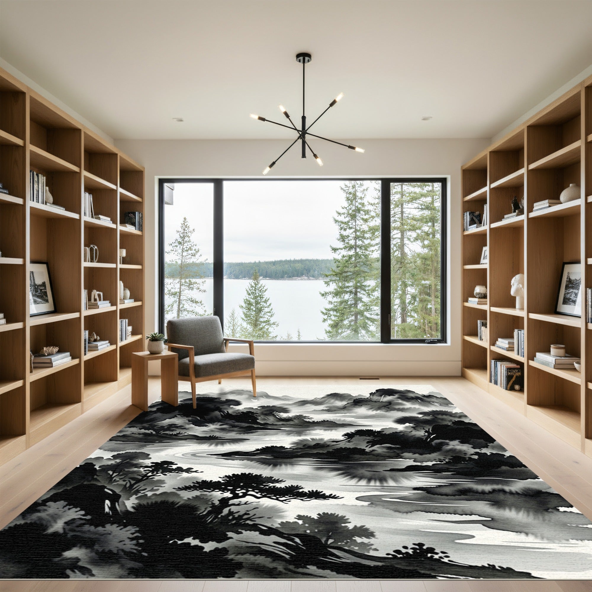 Misty Mountain River Sumi-e Landscape Rug