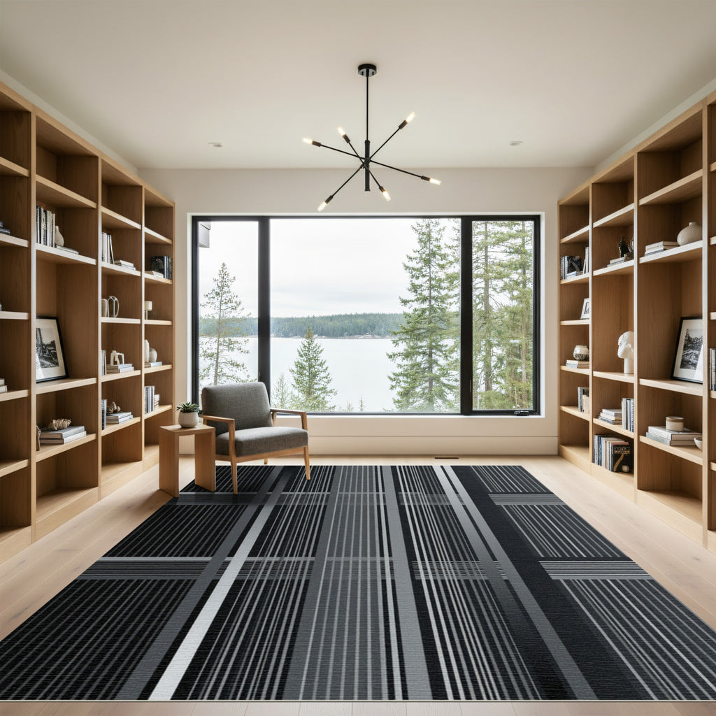 Minimalist Monochrome Linear Plaid Rug