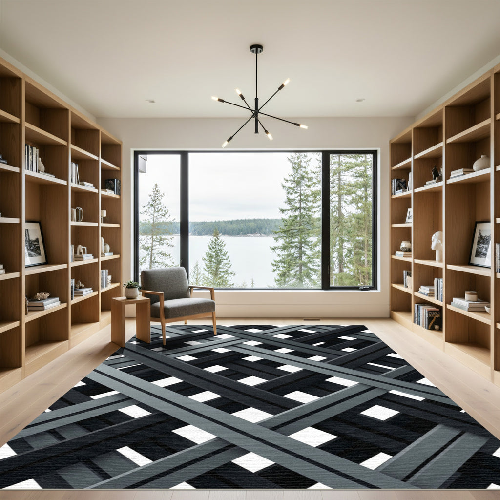 Modern Monochrome Intersecting Grid Rug
