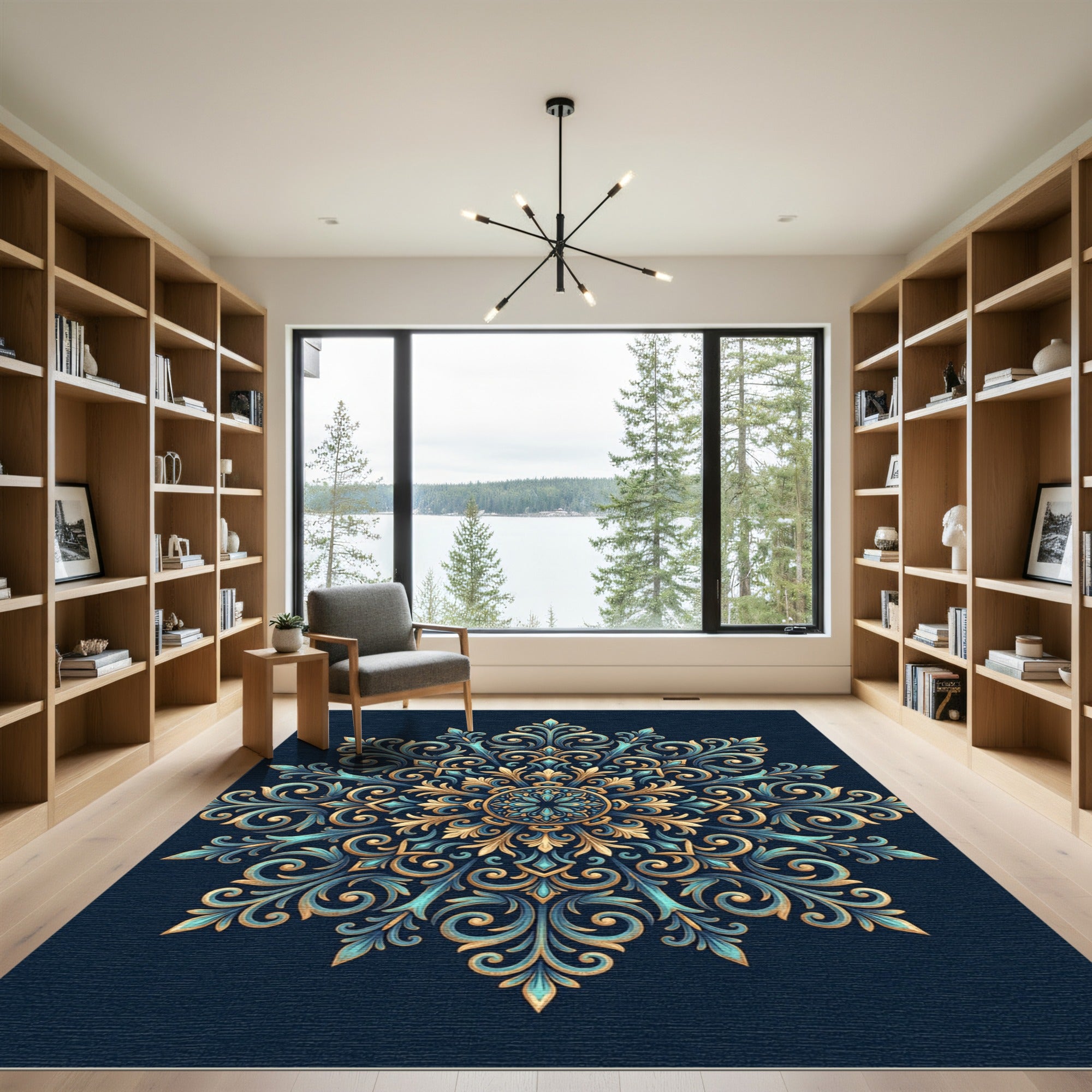 Ornate Golden Teal Filigree Medallion Rug