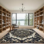Elegant Black Gold Damask Medallion Rug