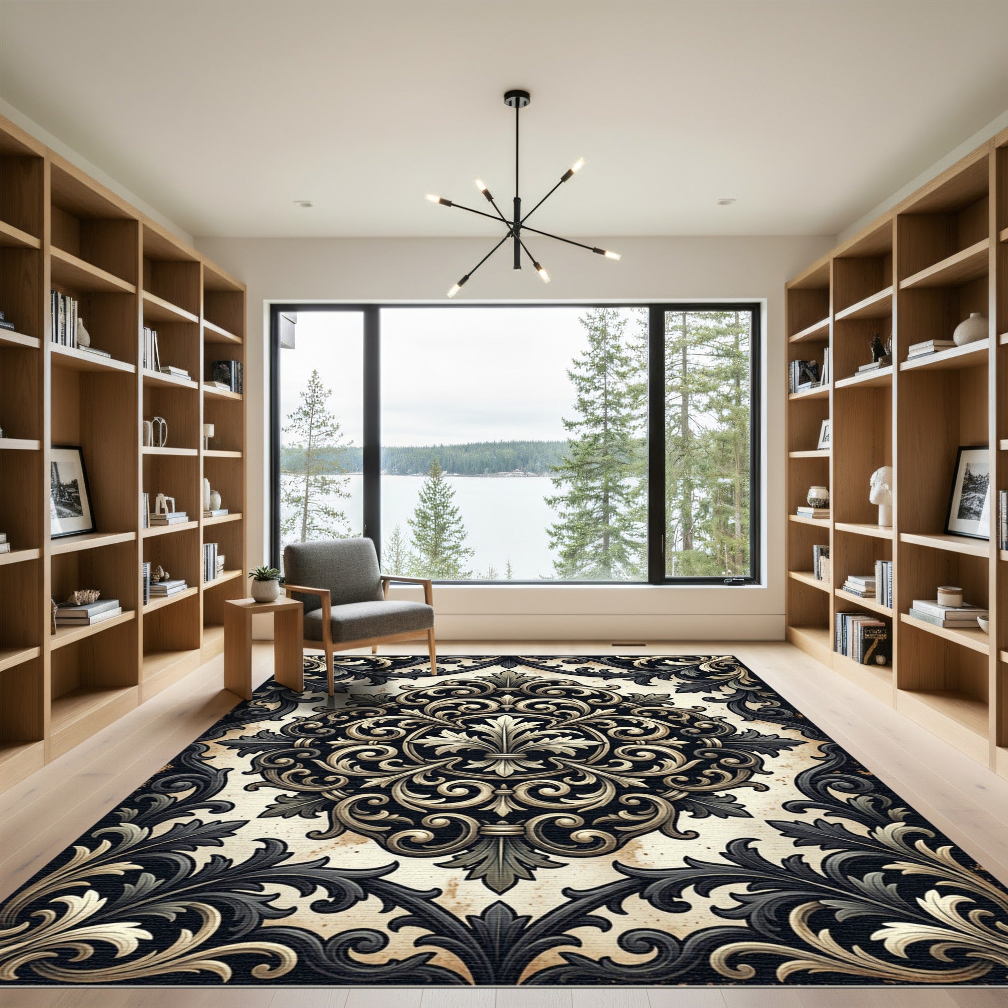 Elegant Black Gold Damask Medallion Rug