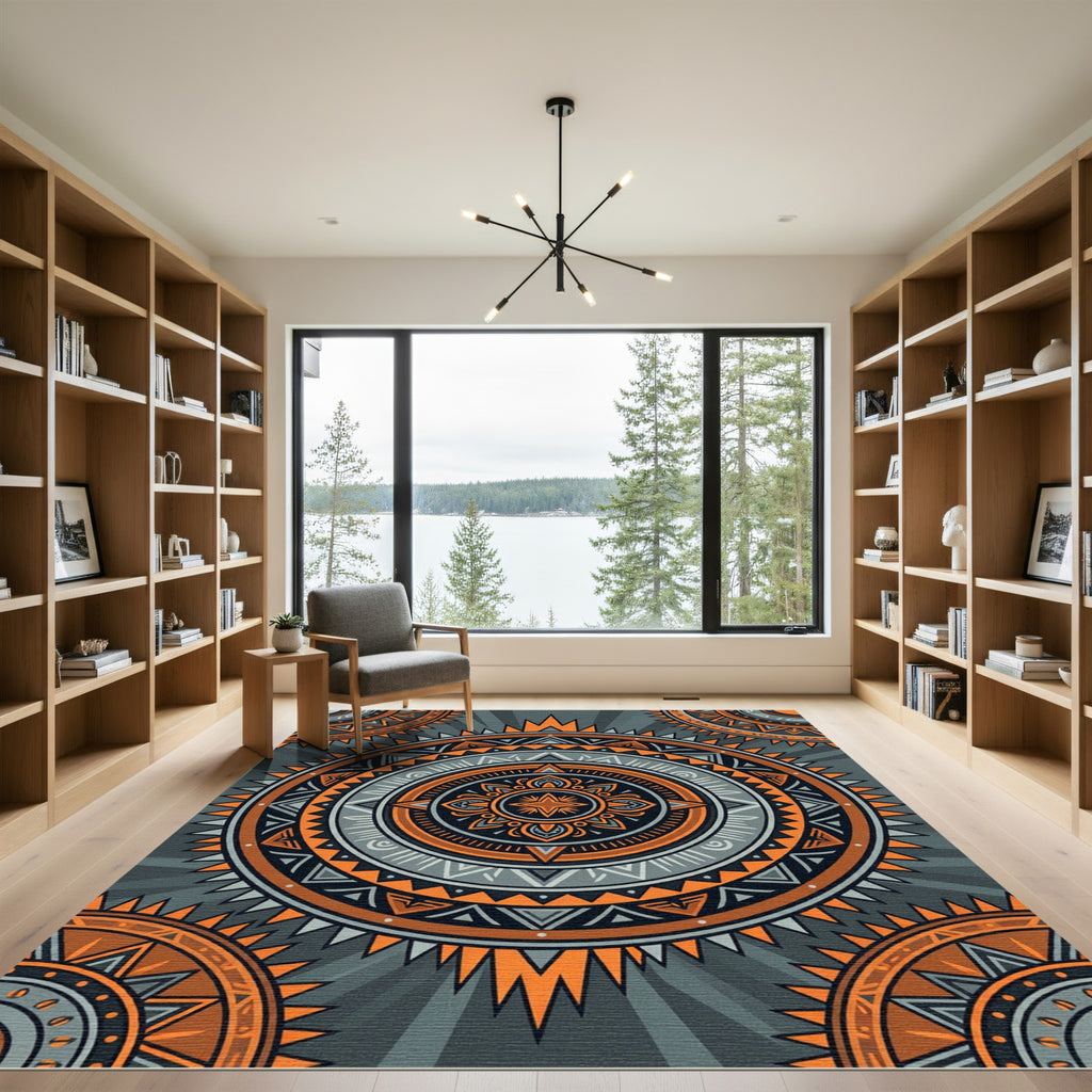 Geometric Orange Sunburst Mandala Rug