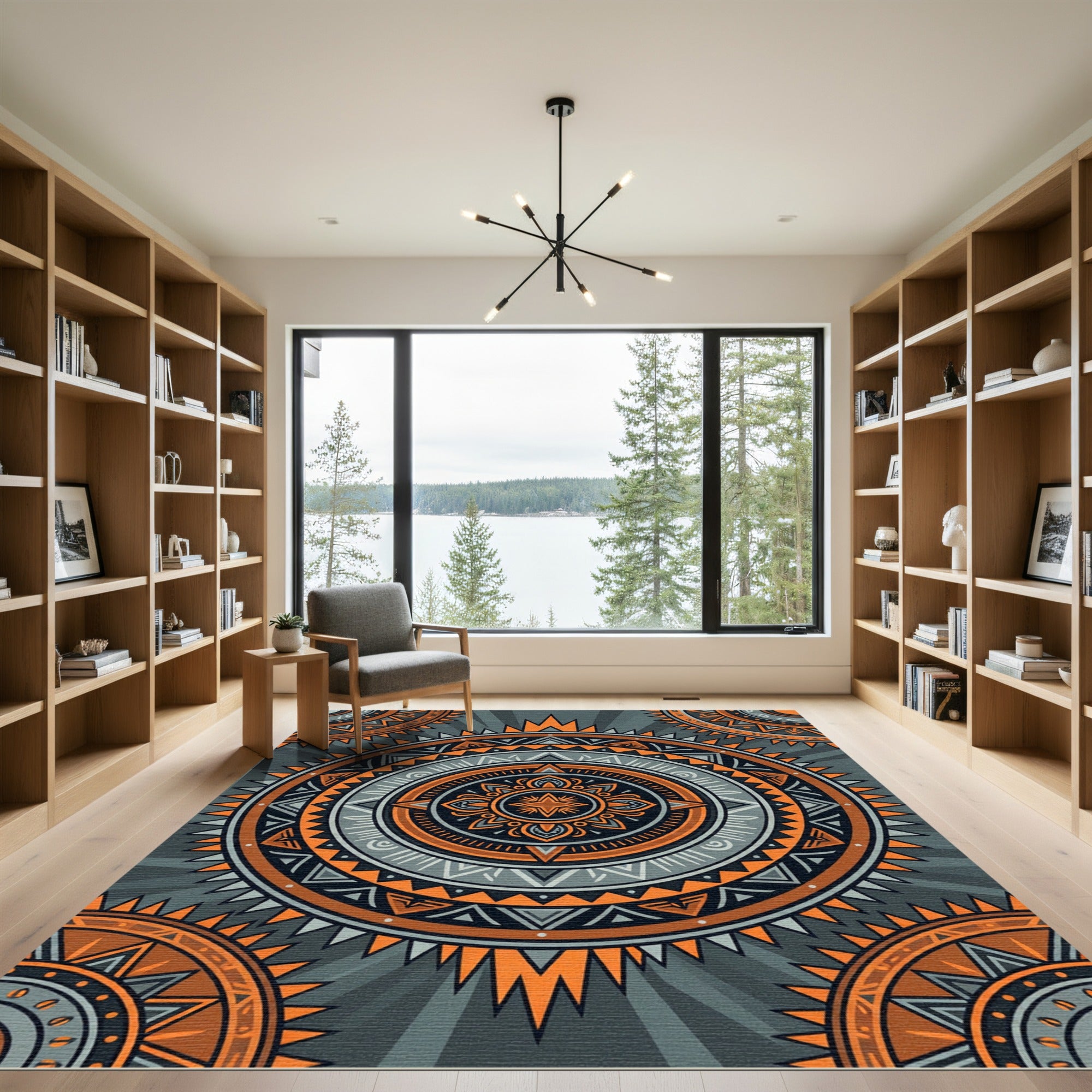 Geometric Orange Sunburst Mandala Rug