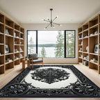 Ornate Black and White Scroll Leaf Rug