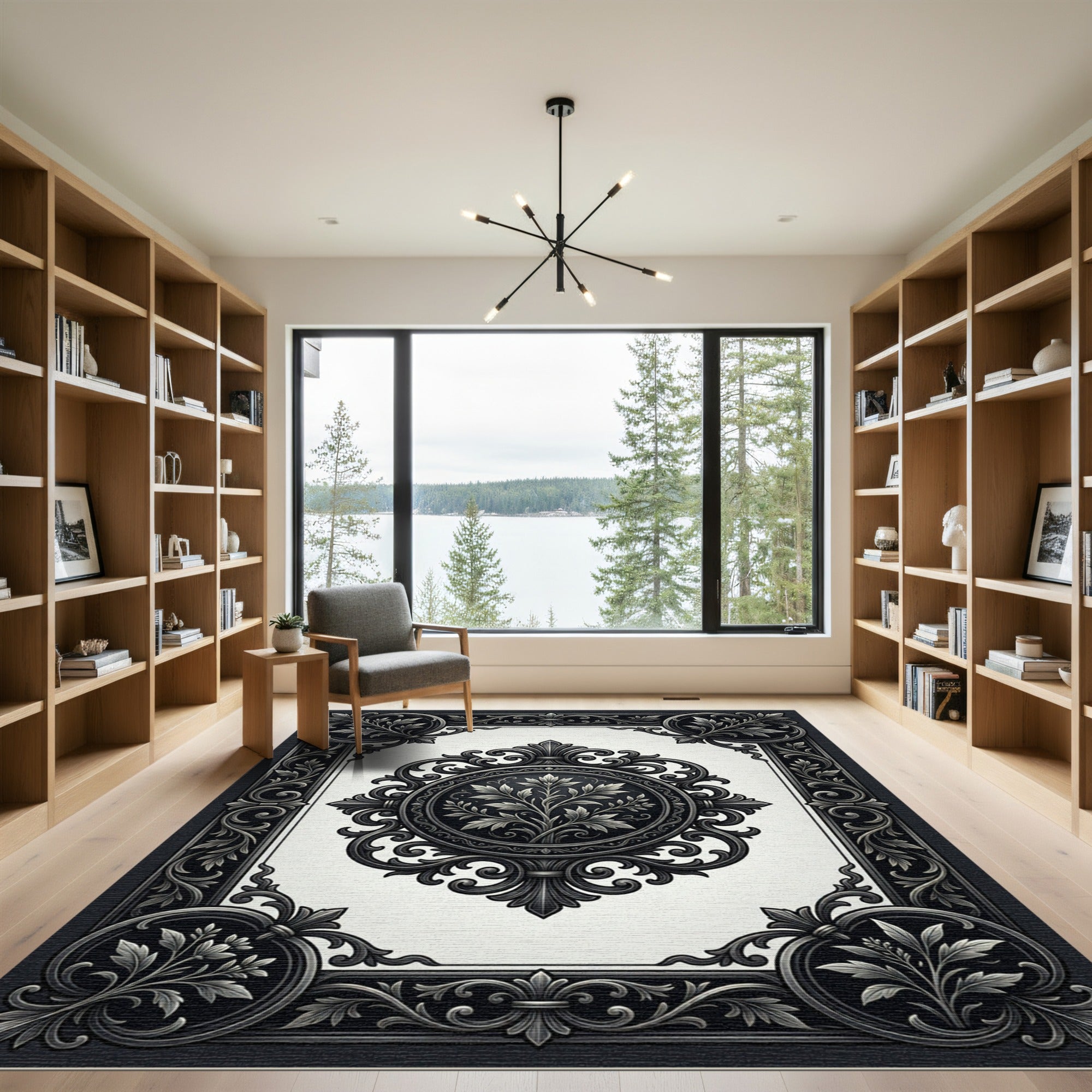 Ornate Black and White Scroll Leaf Rug
