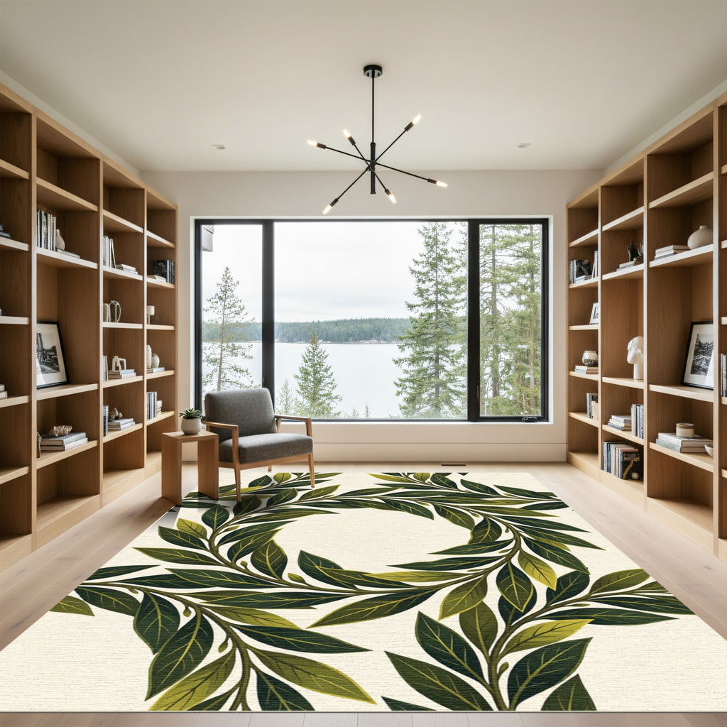 Lush Olive Green Leaf Wreath Rug