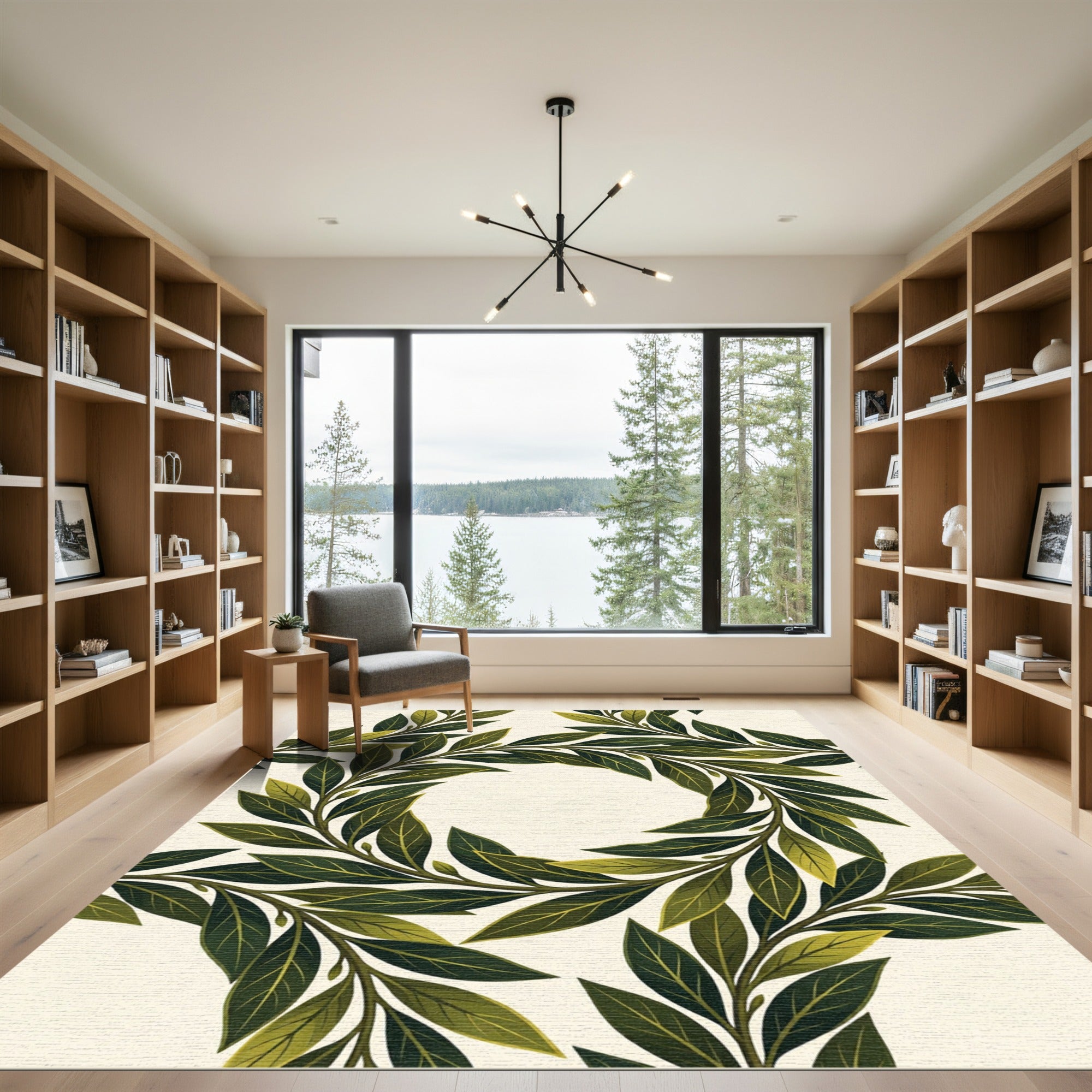 Lush Olive Green Leaf Wreath Rug