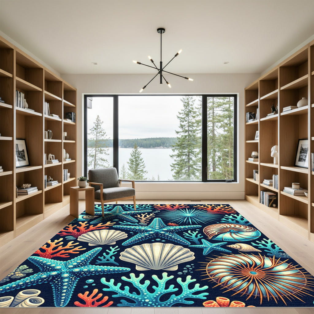 Vibrant Aquatic Starfish and Coral Reef Rug