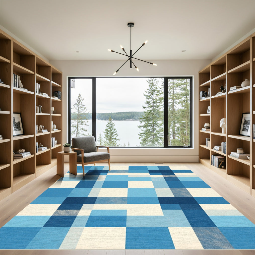 Aqua Blue Gingham Square Grid Rug