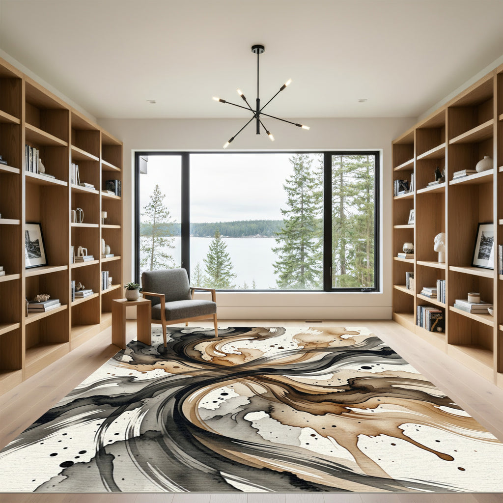Earthy Swirling Watercolor Ink Wash Rug