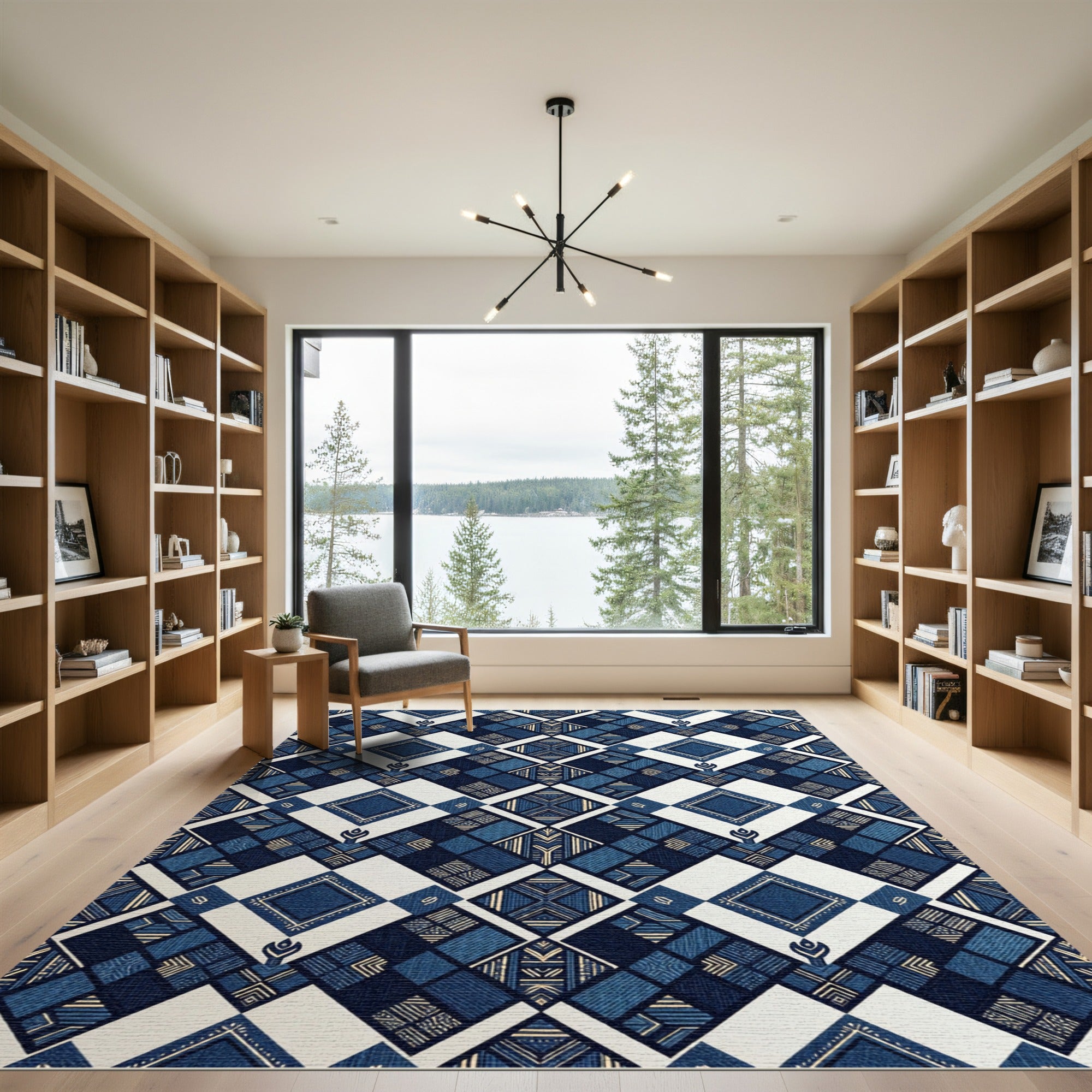 Geometric Navy Indigo Diamond Grid Rug