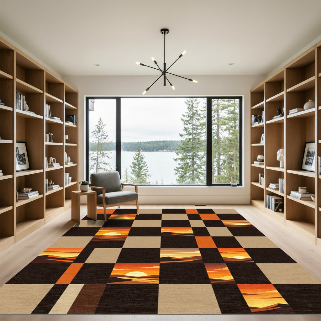 Abstract Sunset Landscape Checkerboard Tapestry Rug