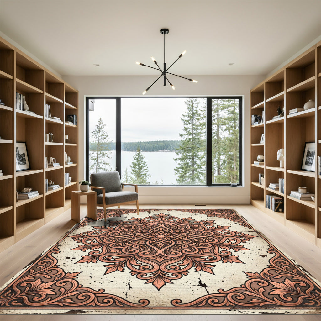 Elegant Terracotta Floral Damask Medallion Rug