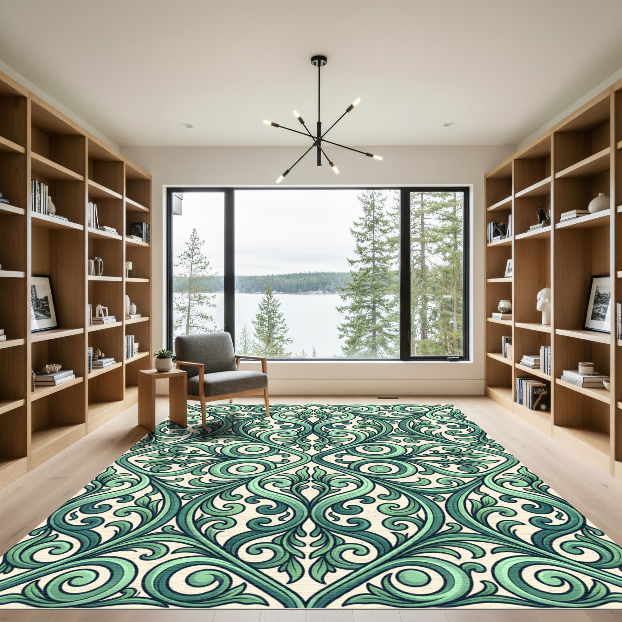 Emerald Scrolling Leaf Damask Scroll Rug