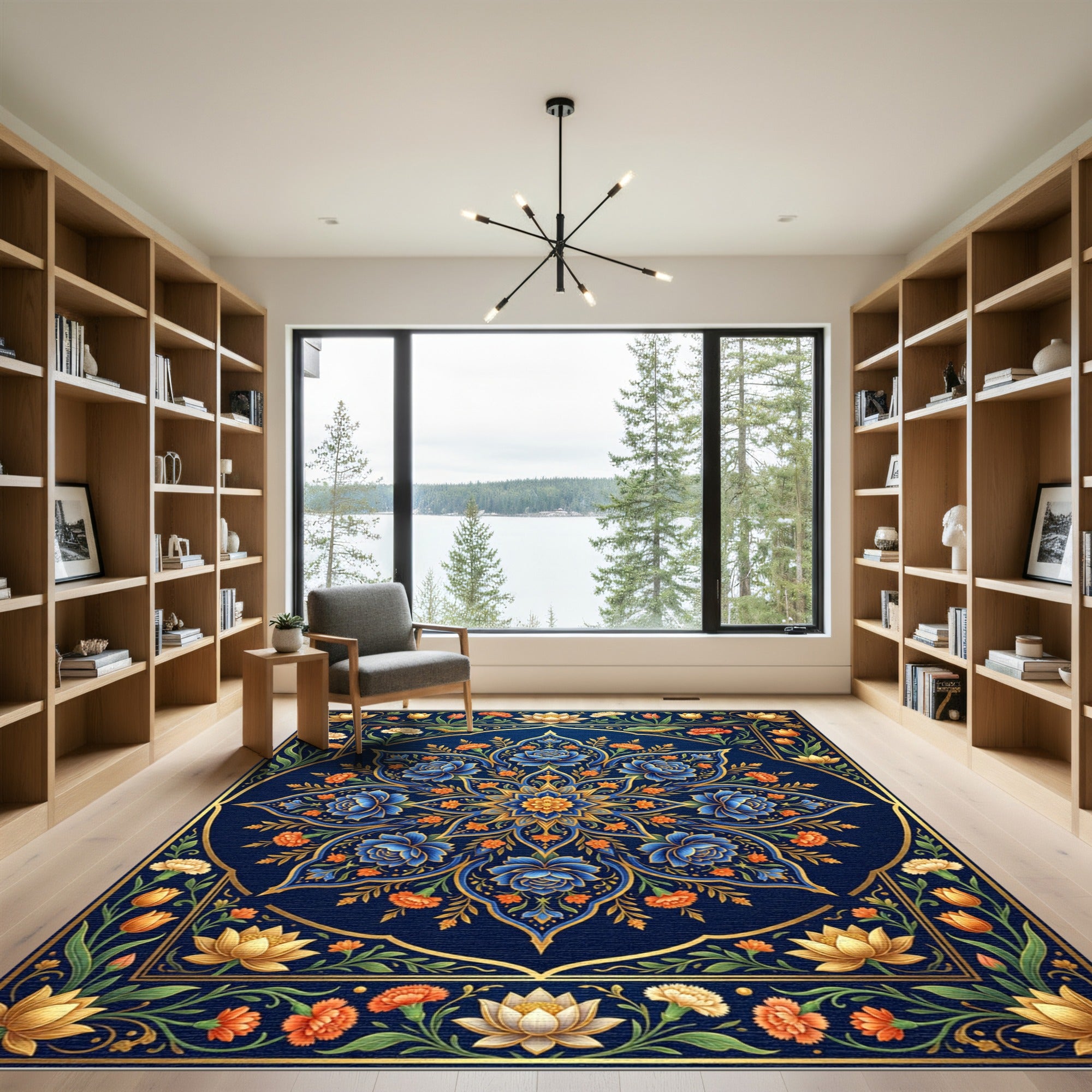 Elegant Navy Floral Gold Medallion Art Rug