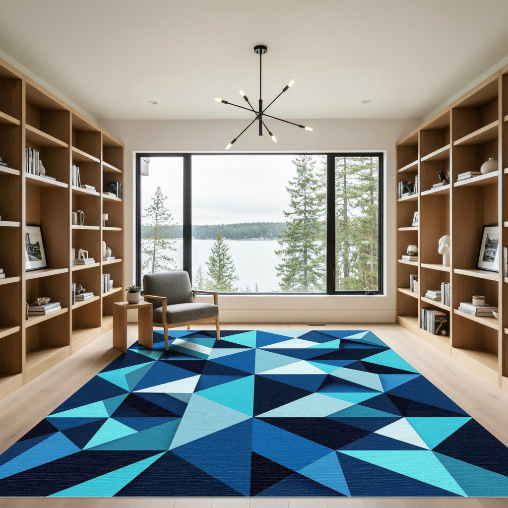 Modern Blue Geometric Angular Prism Rug