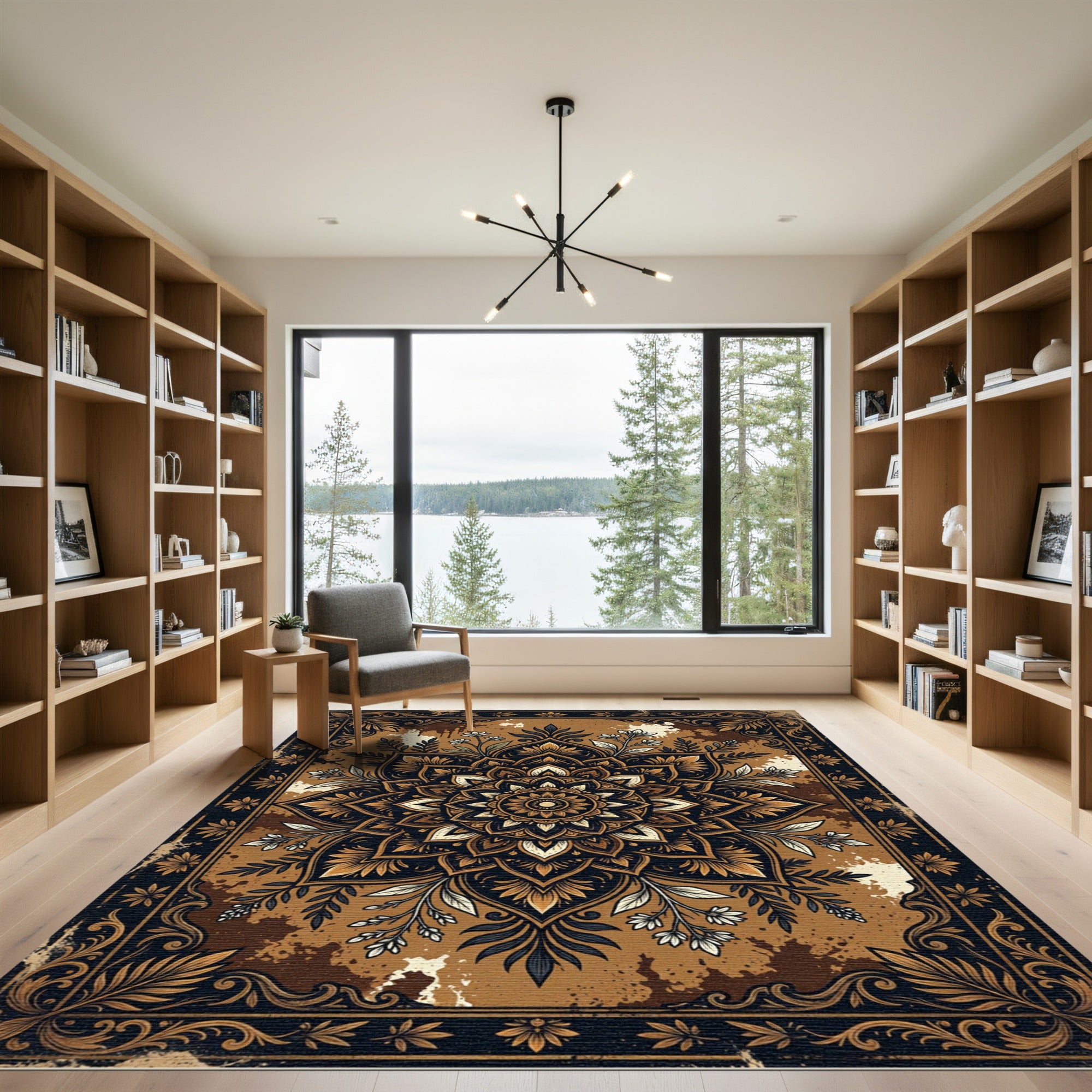 Elegant Earthy Tone Black Floral Medallion Rug