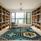 Teal and Gold Geometric Hexagon Medallion Rug