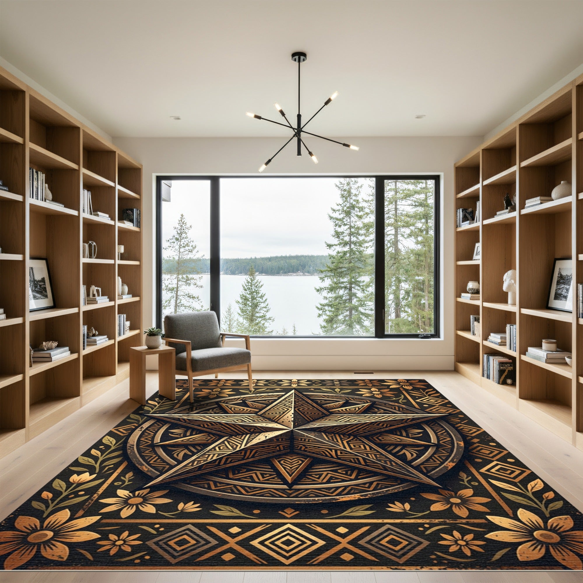 Golden Celestial Geometric Star Medallion Rug