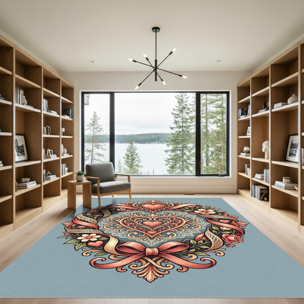 Ornate Heart Wreath Floral Ribbon Rug