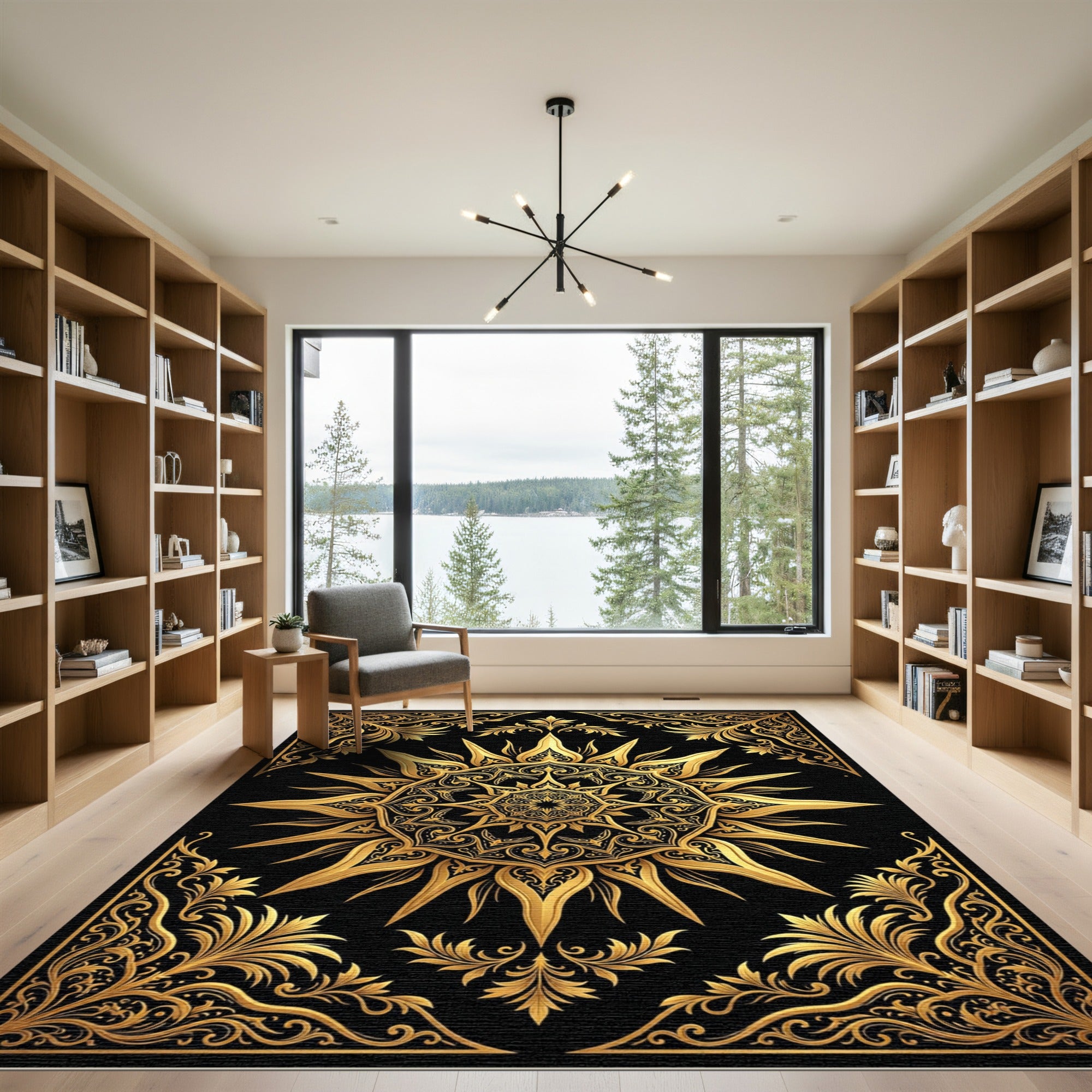 Opulent Gold Sunburst Floral Mandala Rug