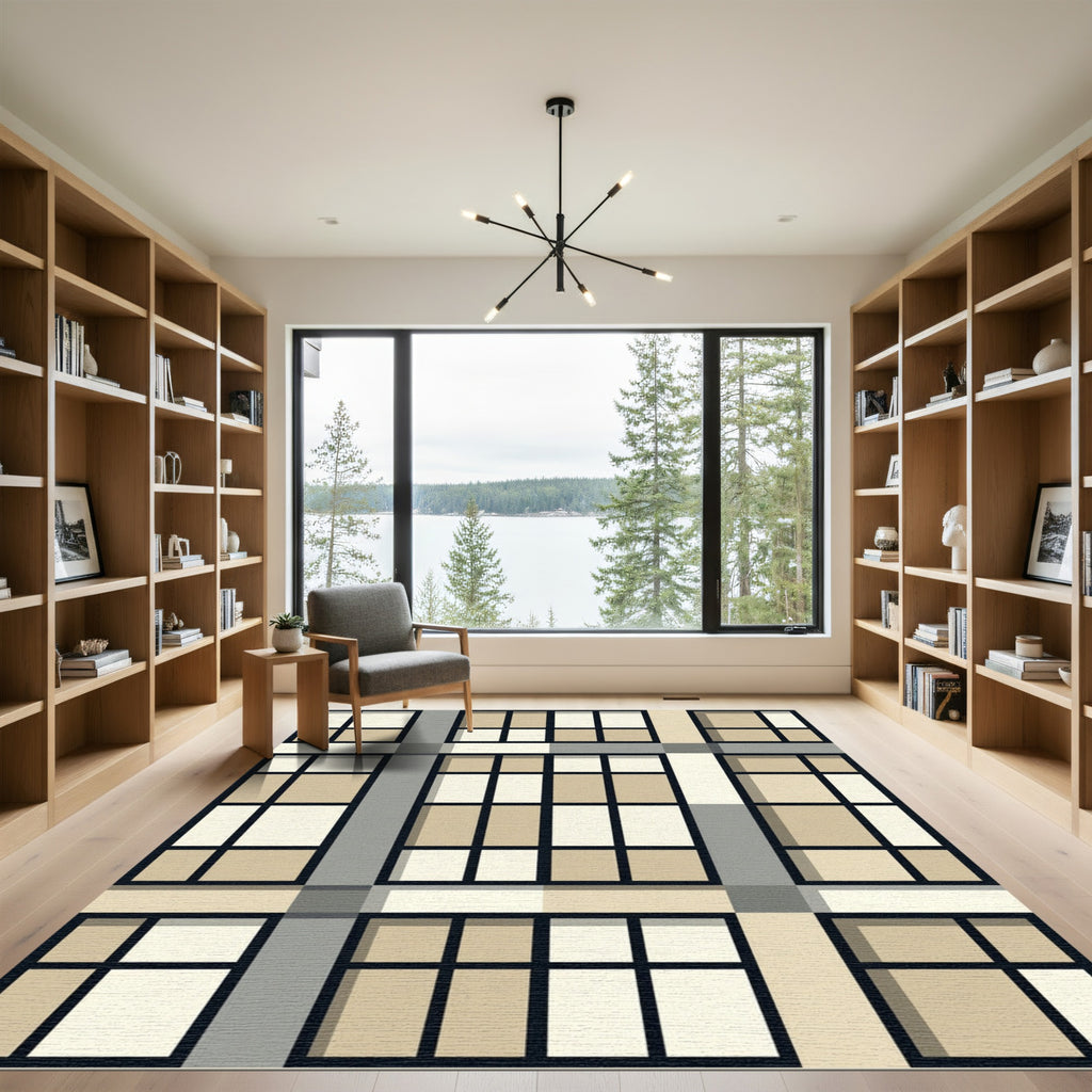 Modern Taupe Grid Geometric Block Rug