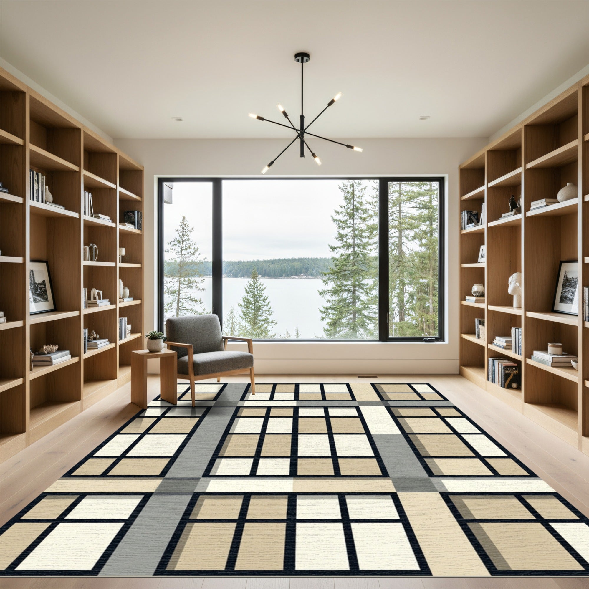 Modern Taupe Grid Geometric Block Rug