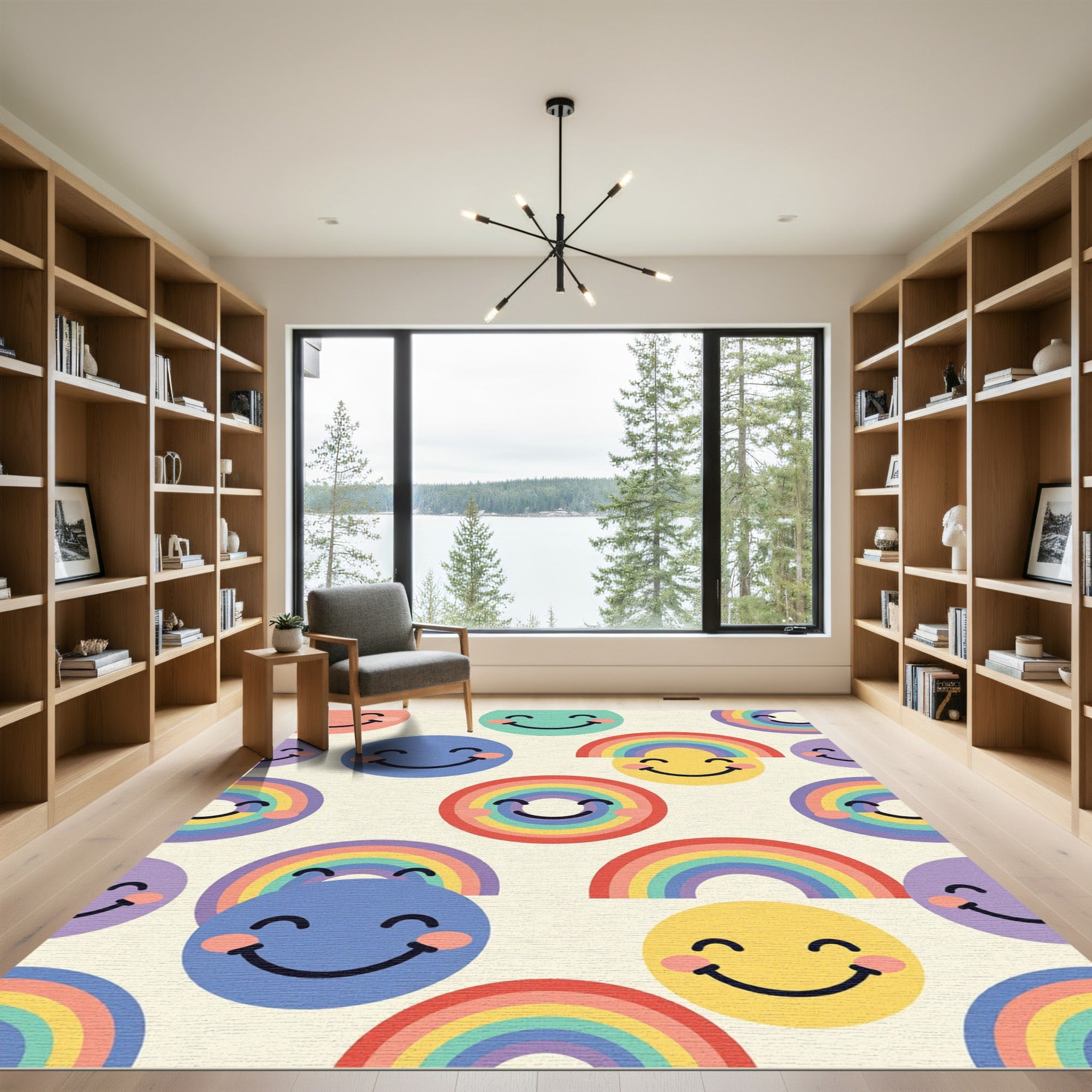 Cheerful Pastel Rainbow Smiley Face Art Rug