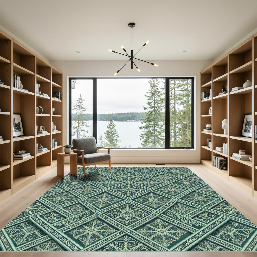 Emerald Sage Interlocking Lattice Damask Rug