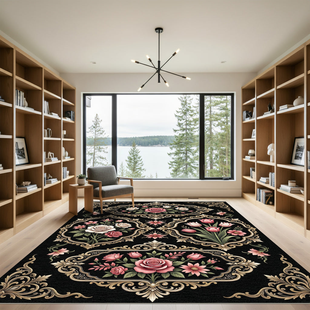 Ornate Pink Floral Garden Scrollwork Rug